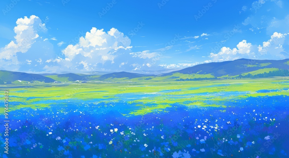 Vast Blue Wildflower Field on Grassland with White Clouds and Distant Mountains Vast Blue Wildflower Field on Grassland with White Clouds and Distant Mountains