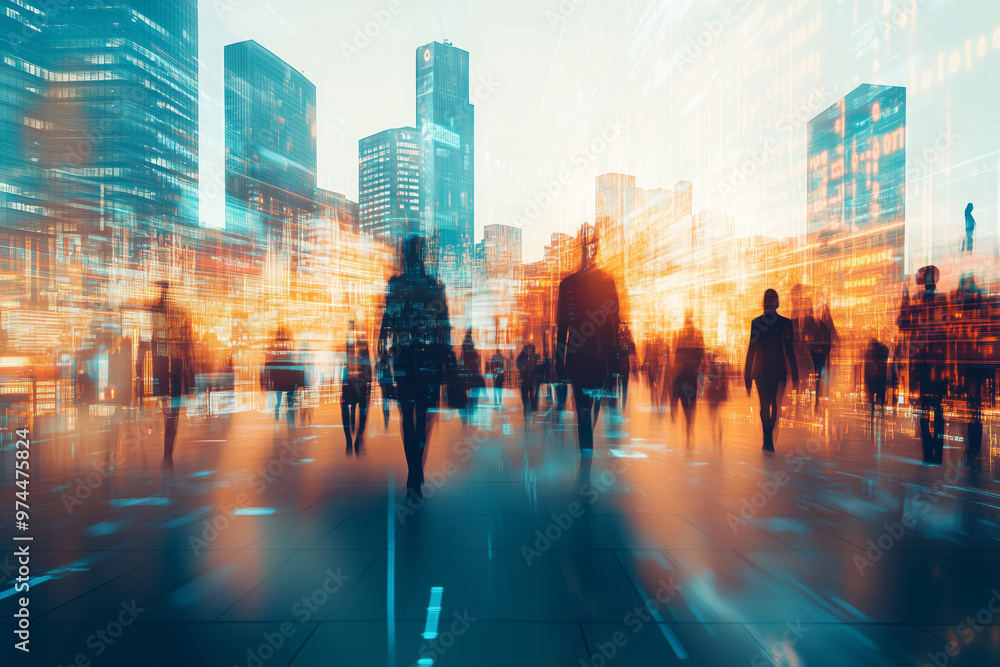 Dynamic urban landscape showcasing blurred figures moving through a vibrant city filled with digital connections during twilight hours Dynamic urban landscape showcasing blurred figures moving through a vibrant city filled with digital connections during twilight hours