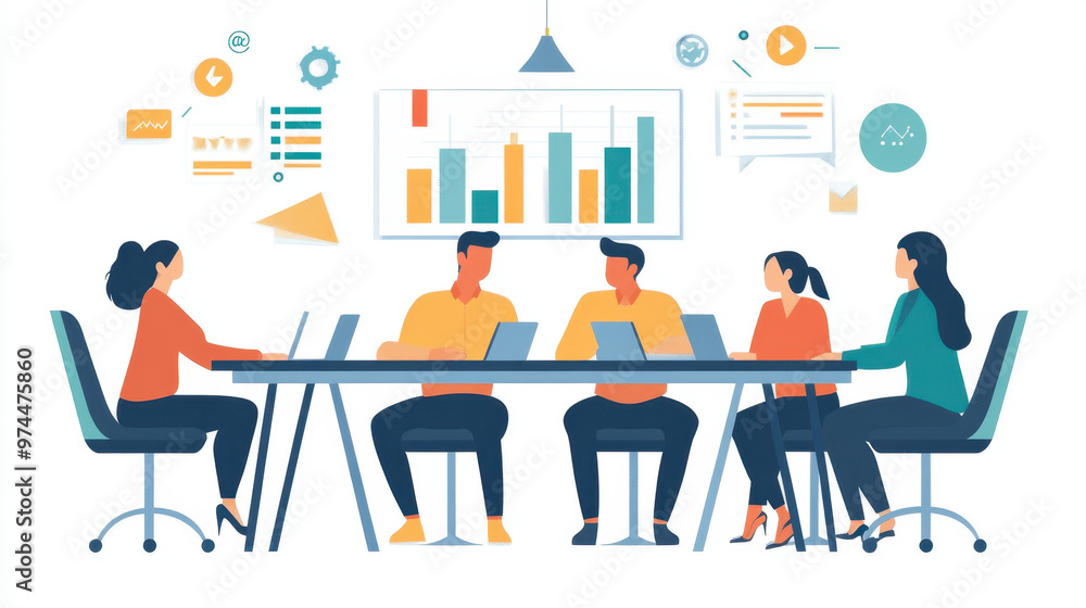 Team Meeting, A group of business professionals collaborates by analyzing data and discussing strategies in a productive team meeting Team Meeting, A group of business professionals collaborates by analyzing data and discussing strategies in a productive team meeting