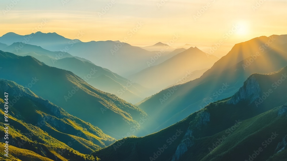 Fototapeta premium The sharp contrast of light and shadow on a mountain range at dawn, where the rising sun creates deep shadows in the valleys.