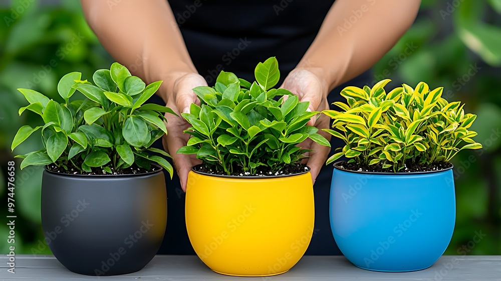 Fototapeta premium Three colorful potted plants brighten a table, adding life and vibrancy to the room.