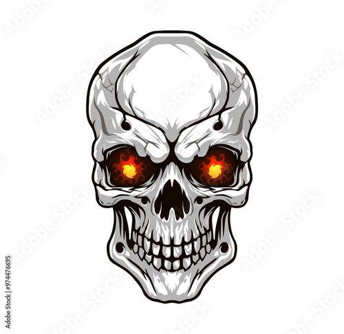 Ai generated angry skull mascot, generative ai enraged cranium with fiery eyes and sharp teeth, exudes a menacing aura, embodying Halloween spooky spirit and striking fear. Biker or sports club emblem