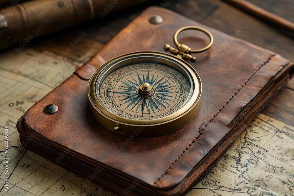 antique brass compass on weathered leather map warm sepia tones intricate engravings and patina evoke adventure and exploration antique brass compass on weathered leather map warm sepia tones intricate engravings and patina evoke adventure and exploration