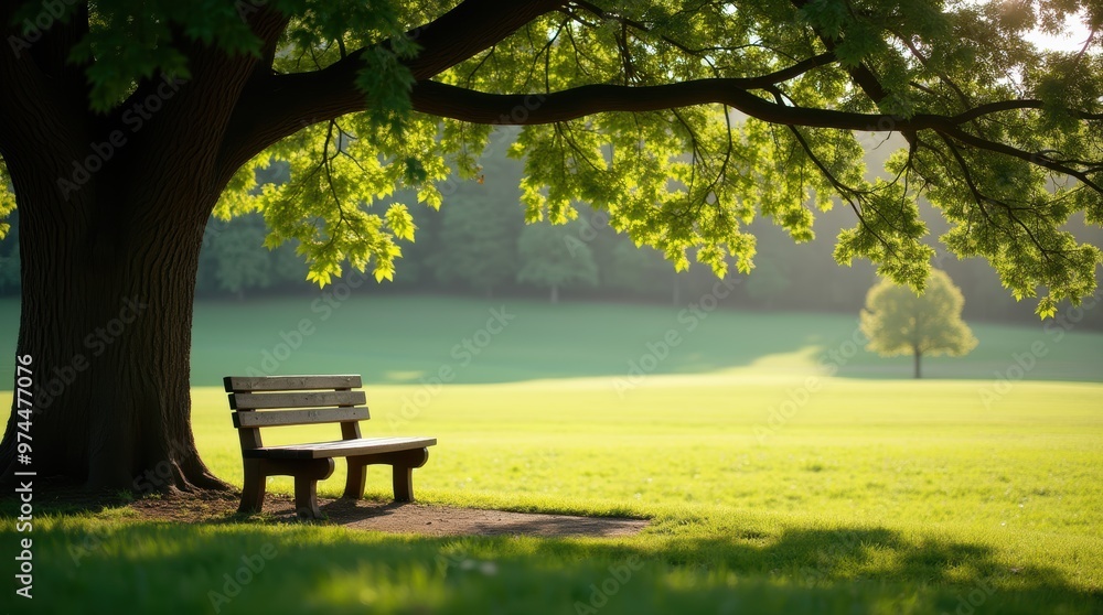 Park Bench Under Tree in Sunlit Meadow Park Bench Under Tree in Sunlit Meadow