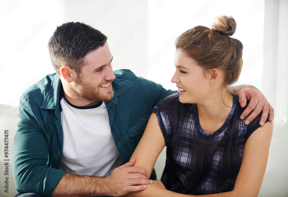 Love, smile and couple hug in home for trust, care and support on living room sofa. Happy man, woman and embrace for connection, commitment and loyalty with partner for healthy relationship together Love, smile and couple hug in home for trust, care and support on living room sofa. Happy man, woman and embrace for connection, commitment and loyalty with partner for healthy relationship together