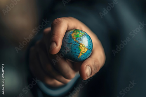 A determined businessman points at a globe, symbolizing global travel and exploration in a creative setting