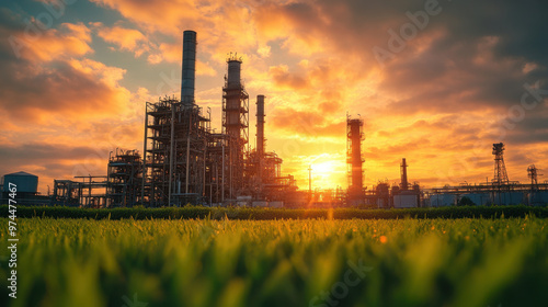 Industrial Sunset, A scenic industrial plant silhouetted against a vibrant sunset, with lush green grass visible in the foreground, perfect for nature and industrial themes