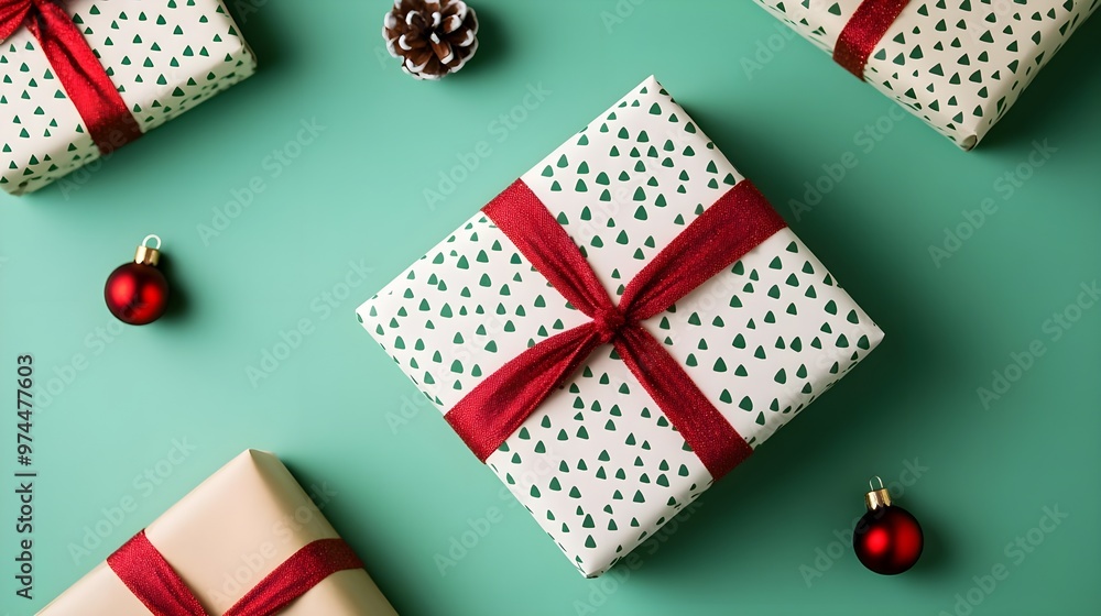Festive Green & Red Christmas Gift Wrapping Flat Lay Festive Green & Red Christmas Gift Wrapping Flat Lay