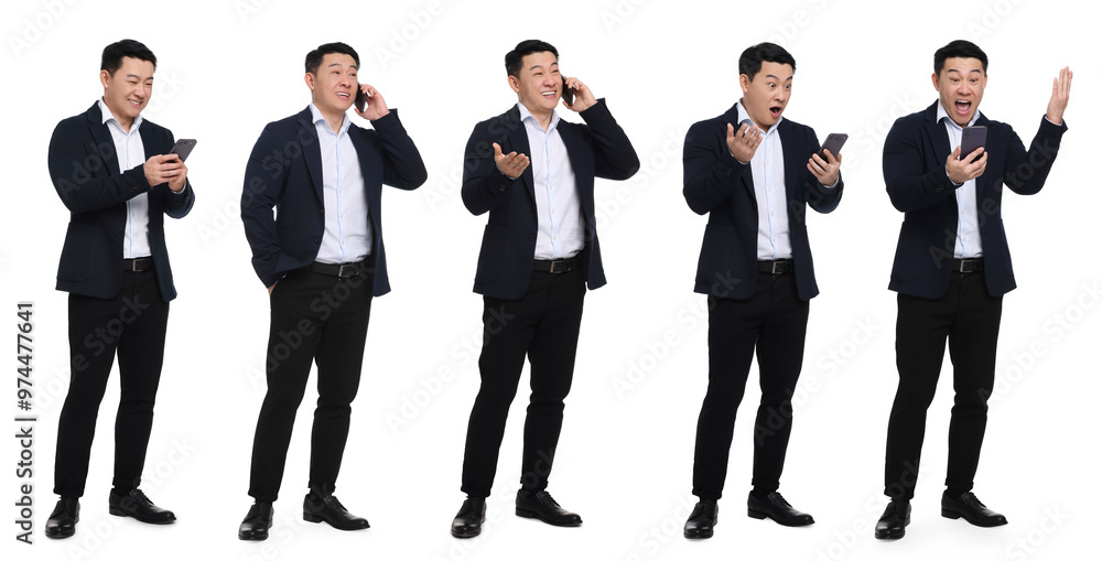 Man using smartphone on white background, set of photos Man using smartphone on white background, set of photos