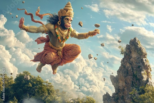 Lord Hanuman flying with the Sanjeevani mountain in a dynamic action pose photo