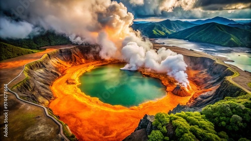 Aerial view of a fiery orange Inferno Crater Lake surrounded by lush green volcanic landscape, steam rising from the water's surface, misty atmosphere. photo