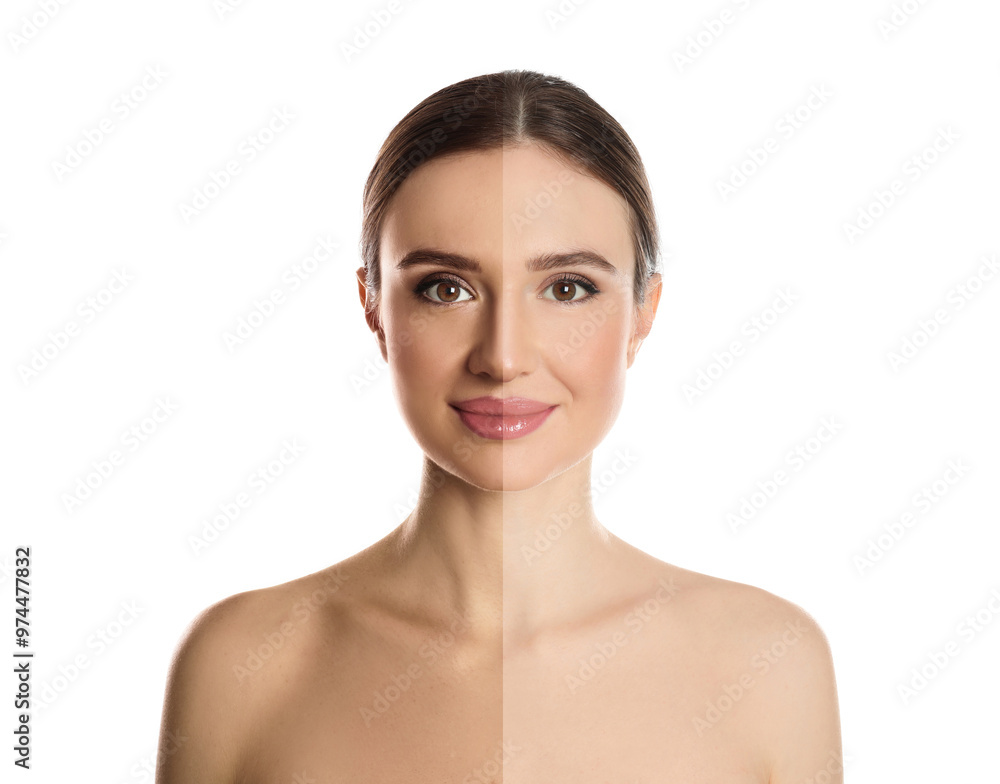 Collage with photos of beautiful young woman before and after solarium tanning on white background Collage with photos of beautiful young woman before and after solarium tanning on white background