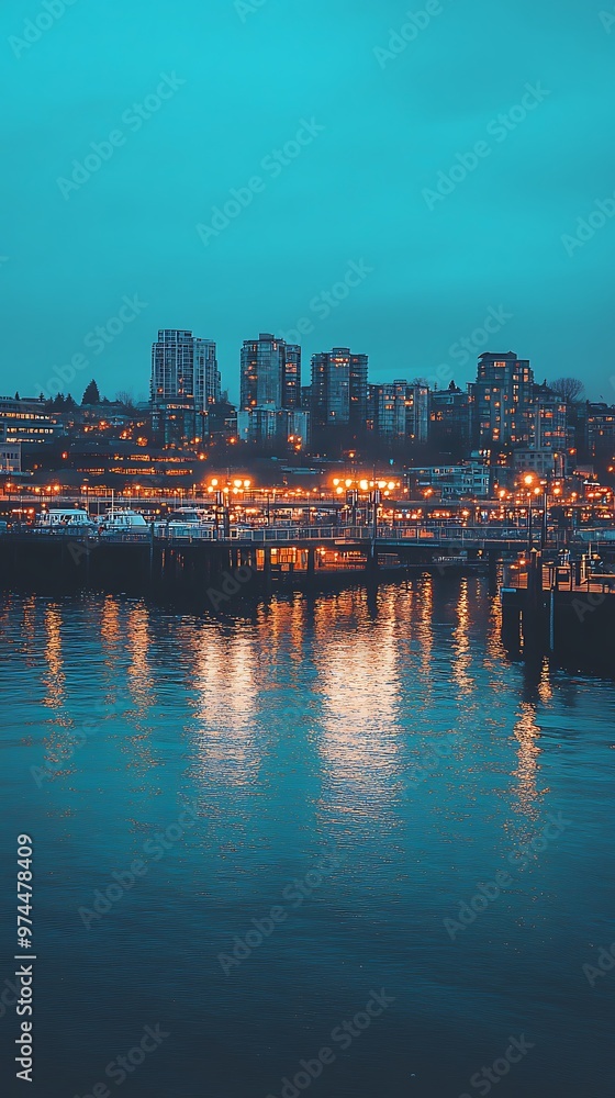 Fototapeta premium City Skyline Reflections in Calm Water at Twilight.