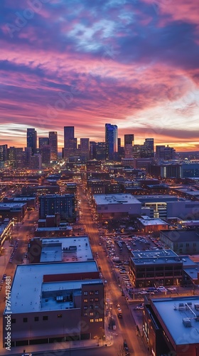 Cityscape at Dawn with Dramatic Purple and Pink Sky.