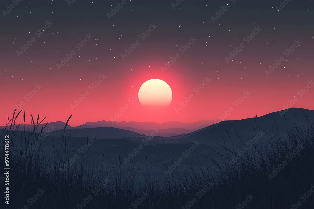 Fototapeta premium minimal wallpaper , Mountain sunset background illustration in flat style