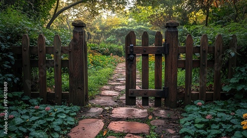 A rustic gate leading into a secret garden