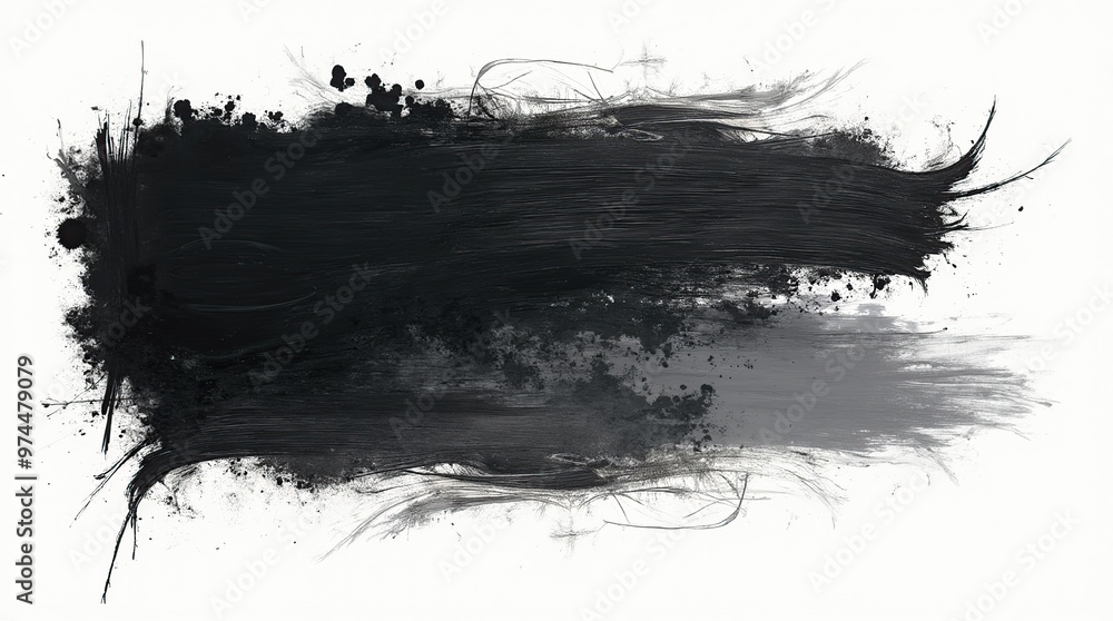 Abstract black brush strokes with textured splatter on white background