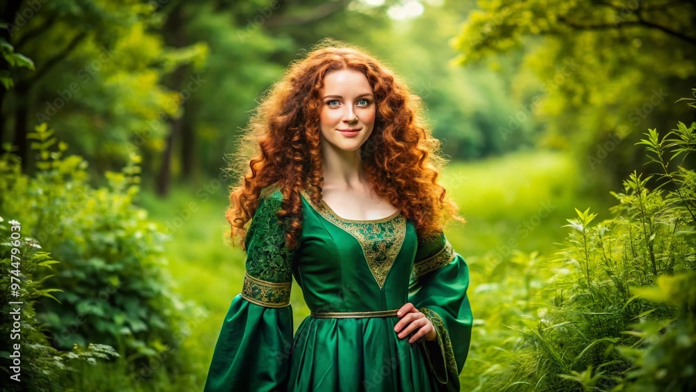 A freckled, curly-haired young woman with a warm smile, wearing a traditional emerald green dress, standing amidst lush greenery, evoking Celtic charm and heritage. A freckled, curly-haired young woman with a warm smile, wearing a traditional emerald green dress, standing amidst lush greenery, evoking Celtic charm and heritage.