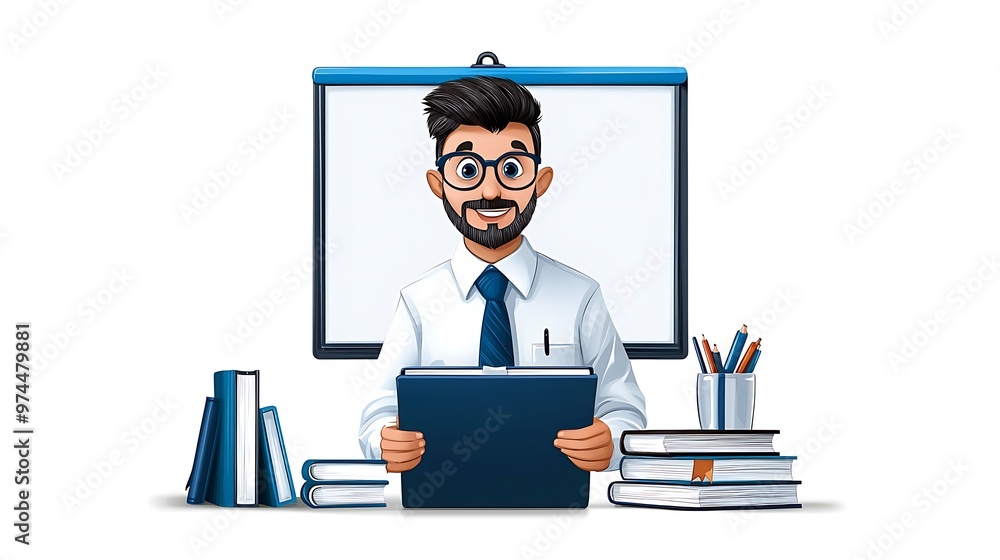A smiling businessman stands confidently with a clipboard, books, and a whiteboard, ready to take on the day. A smiling businessman stands confidently with a clipboard, books, and a whiteboard, ready to take on the day.