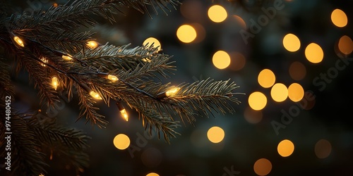 Wallpaper Mural Pine Tree Branch with Water Droplets and Glowing Holiday Lights in a Cozy Festive Scene Torontodigital.ca