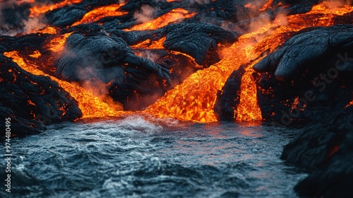 A captivating scene of a fiery lava flow meeting a crystal-clear stream. The vivid contrast between the molten lava and the pure water creates an intense and striking visual.