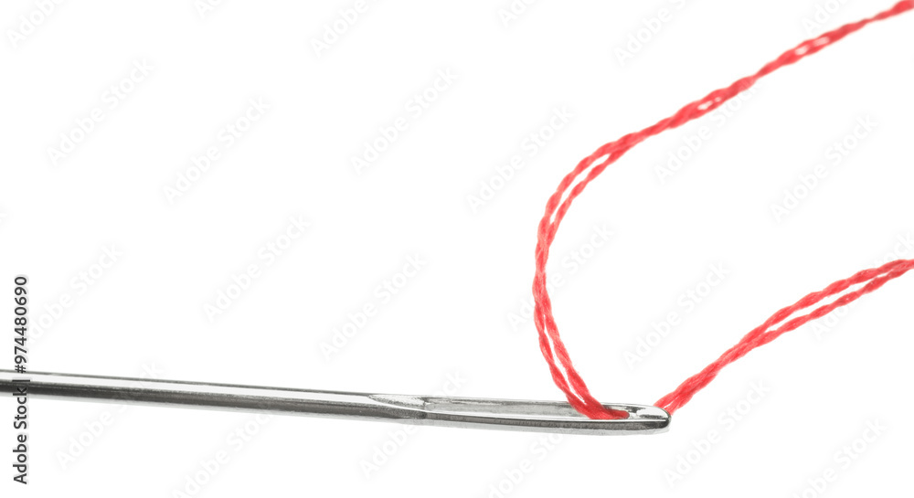 Sewing needle with red thread isolated on white, closeup Sewing needle with red thread isolated on white, closeup