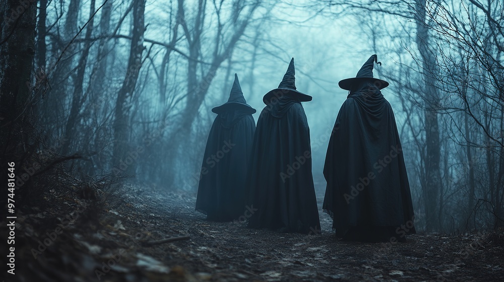 Three cloaked figures gathered around a flickering campfire in a misty forest during twilight Three cloaked figures gathered around a flickering campfire in a misty forest during twilight
