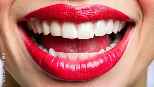 A healthy mouth features pink gums, straight white teeth with no cracks or stains, a vibrant red tongue, and a clean, moist oral cavity with no signs of disease. photo