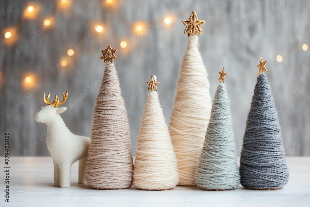 Christmas craft background with handmade yarn cone xmas trees in natural colors. DIY organic sustainable christmas decoration Christmas craft background with handmade yarn cone xmas trees in natural colors. DIY organic sustainable christmas decoration