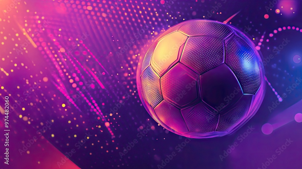 Naklejka premium A glowing soccer ball on a vibrant purple and pink background with dots, dynamic lines, and geometric shapes creating a modern sports vibe.