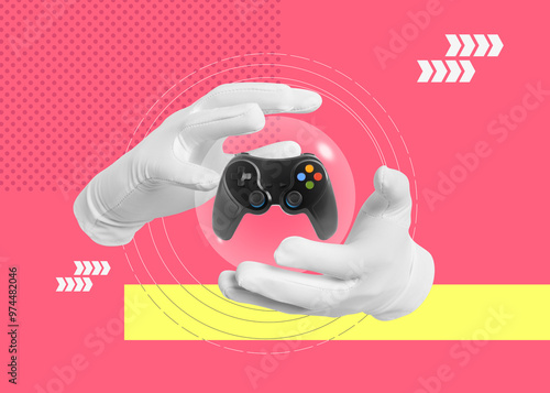 Man's hands with gamepad in sphere on color background. Creative collage photo