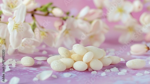 sugared almonds for wedding on pink and purple background