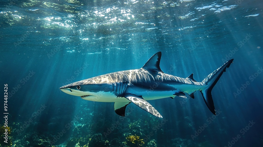 Fototapeta premium A shark swims gracefully through vibrant coral reefs in a clear underwater environment during daytime exploration