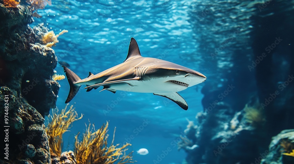 Fototapeta premium A shark swims gracefully through vibrant coral reefs in a clear underwater environment during daytime exploration