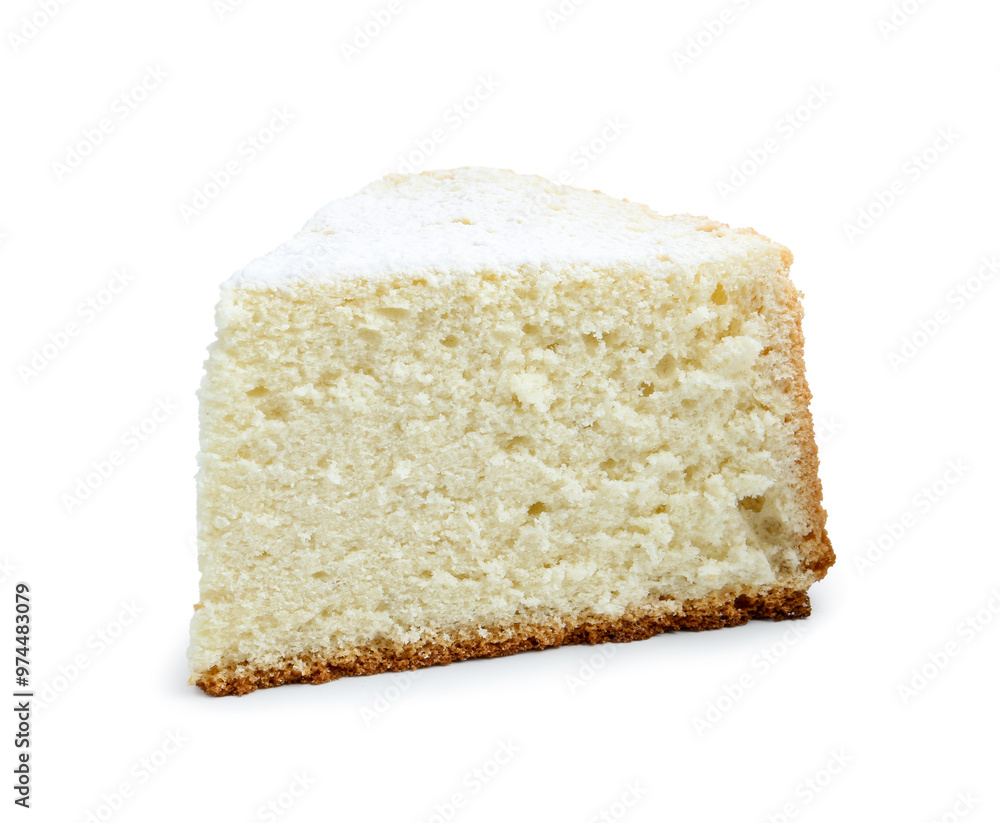 One piece of delicious sponge cake with powdered sugar isolated on white One piece of delicious sponge cake with powdered sugar isolated on white