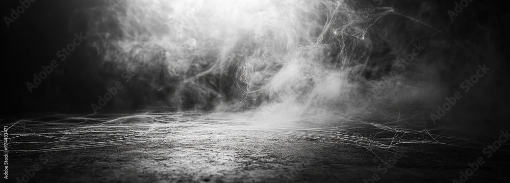 Mysterious strands of fog weaving across a dark surface create an eerie and atmospheric effect in a dimly lit environment Mysterious strands of fog weaving across a dark surface create an eerie and atmospheric effect in a dimly lit environment