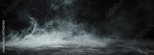 Mysterious strands of fog weaving across a dark surface create an eerie and atmospheric effect in a dimly lit environment