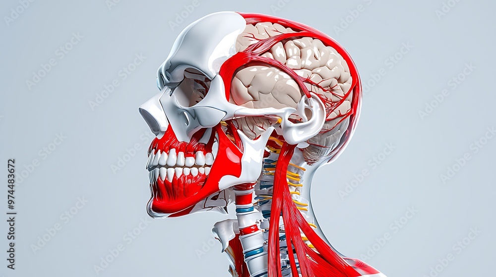 An anatomy model of the skull reveals the brain and facial muscles ...