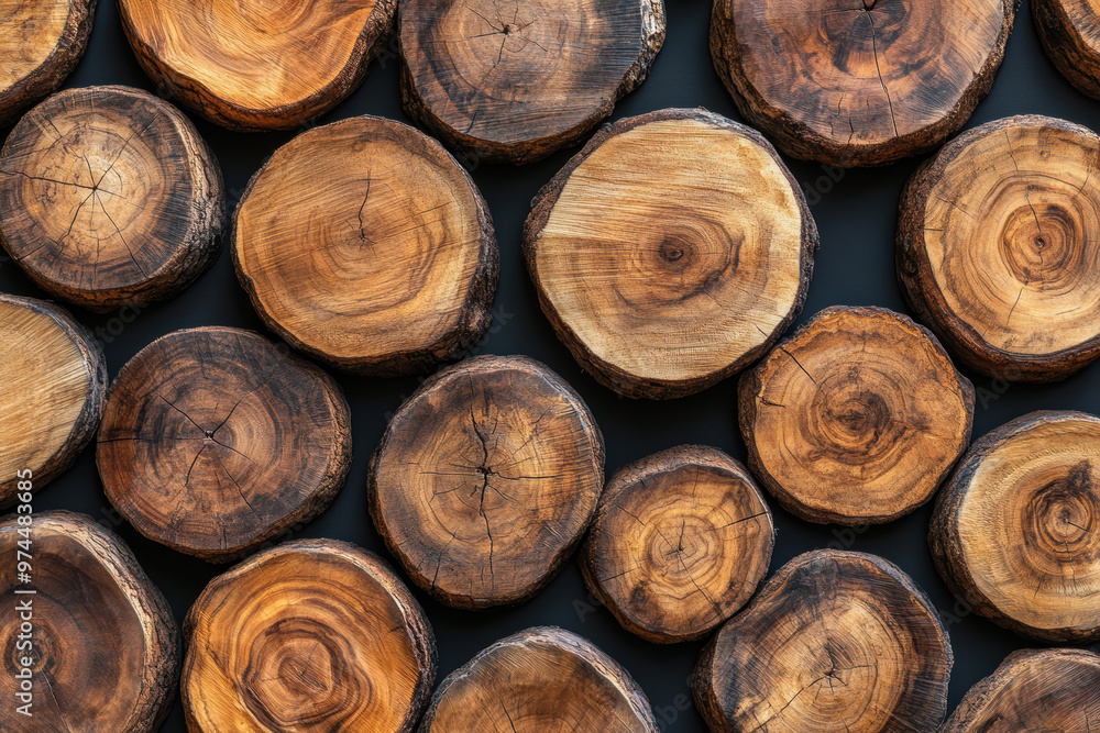 Close-up of natural wooden tree slice textures in various sizes arranged in pattern. Perfect for natural designs, backgrounds, and textures. Close-up of natural wooden tree slice textures in various sizes arranged in pattern. Perfect for natural designs, backgrounds, and textures.