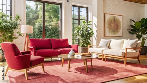 Boucle lounge chairs and sofa in classic room. Minimalist interior design of modern living room. 