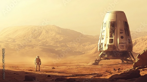 Fototapeta Naklejka Na Ścianę i Meble -  A high-tech spacecraft landing on the surface of Mars, showcasing space exploration technology and human ambition.