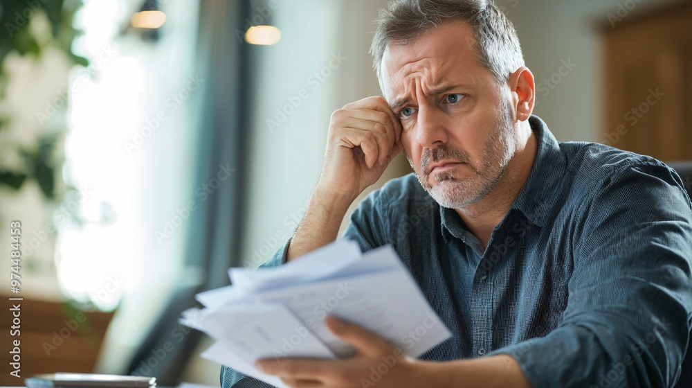 Man sitting at desk with concerned expression, holding stack of papers symbolizing financial stress and national debt, emphasizing personal and economic challenges. Man sitting at desk with concerned expression, holding stack of papers symbolizing financial stress and national debt, emphasizing personal and economic challenges.