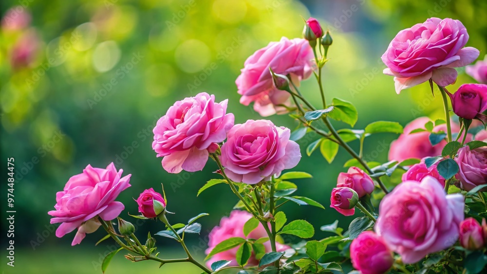 A lush, vibrant rose bush with delicate pink petals and thorny stems stands tall against a soft, blurred green background, exuding elegance and serenity. A lush, vibrant rose bush with delicate pink petals and thorny stems stands tall against a soft, blurred green background, exuding elegance and serenity.