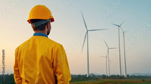 Renewable energy wind turbine with Close-up of wind turbine blade inspection, technician in safety gear, renewable energy maintenance, green technology precision, eco-friendly power generation,