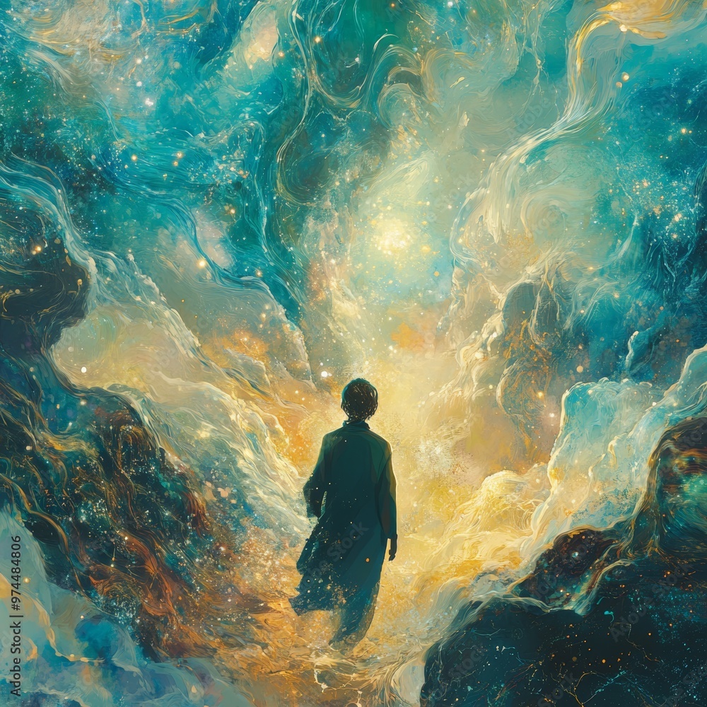 Fototapeta premium Abstract Person Walking Towards Golden Light in Blue Sky