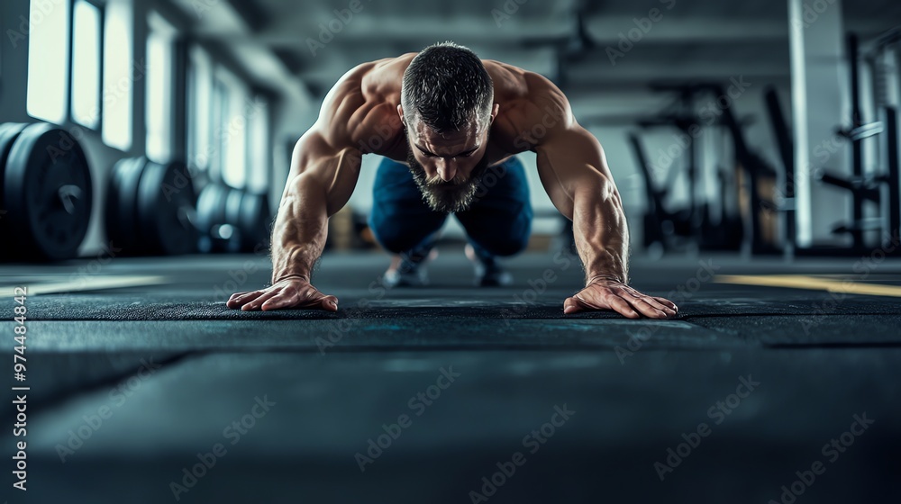 Fototapeta premium A man performs a push-up on a mat in a gym.