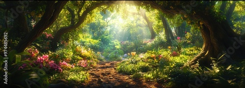 A magical forest pathway bathed in golden sunlight with vibrant flowers blooming in the early morning hours