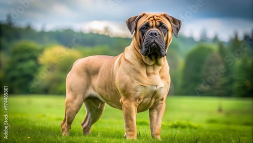 A majestic bull mastiff dog with a wrinkled face and loose skin stands proudly on a lush green meadow, showcasing its powerful build and gentle gaze.