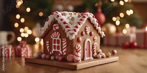 Decorative Gingerbread House with Candy Roof Icing and Holiday Lights in Warm Setting 