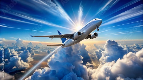 A majestic commercial airliner soaring through a brilliant blue sky with puffy white clouds, leaving a trail of condensed vapor behind its wings. photo